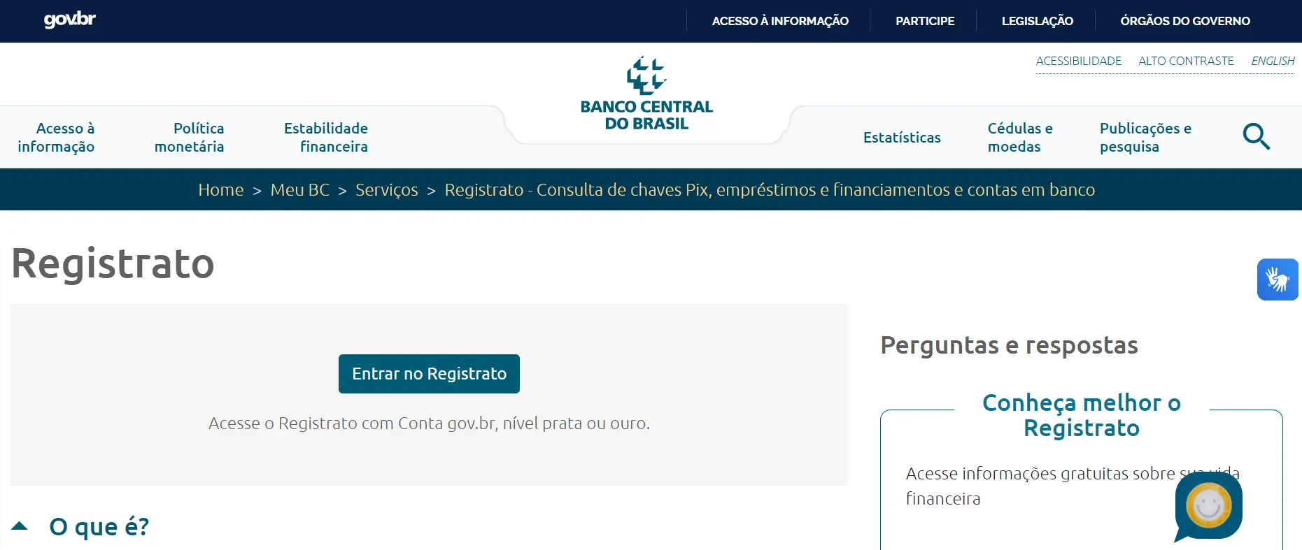 Página de acesso ao Registrato